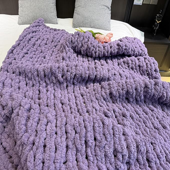 Chunky Knit Blanket Throw 40"x60", Chenille Throw Blankets, Handmade Warm & Cozy Blanket Couch Bed Home Decor, Soft Breathable Fleece Banket, Christmas for Couch Bed Sofa Best Gift (Purple)-Ruum Studio Home