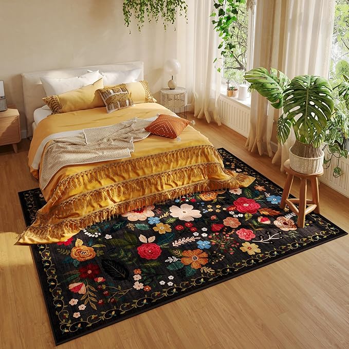 Living Room Rug 5x7 Rug Machine Washable Boho Area Rug Non Slip Floral Vintage Low Pile Large Rugs for Living Room, Bedroom, Farmhouse, Dining Room, Kids Playroom(Black)-Ruum Studio Home