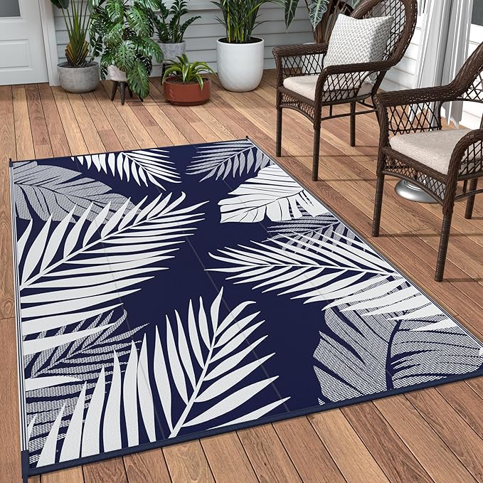 GENIMO Outdoor Rug 3' x 5' Waterproof for Patios Clearance, Reversible Outdoor Plastic Straw Camping Rug Carpet, Large Area Rugs Mats for RV, Camper, Deck, Balcony, Porch, Beach, Navy Blue&White-Ruum Studio Home