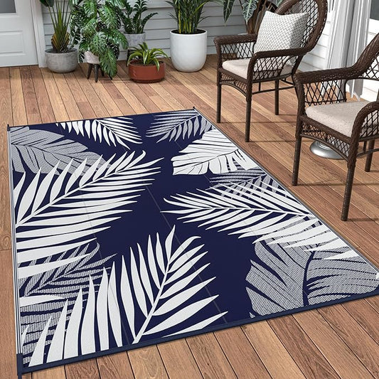 GENIMO Outdoor Rug 3' x 5' Waterproof for Patios Clearance, Reversible Outdoor Plastic Straw Camping Rug Carpet, Large Area Rugs Mats for RV, Camper, Deck, Balcony, Porch, Beach, Navy Blue&White-Ruum Studio Home