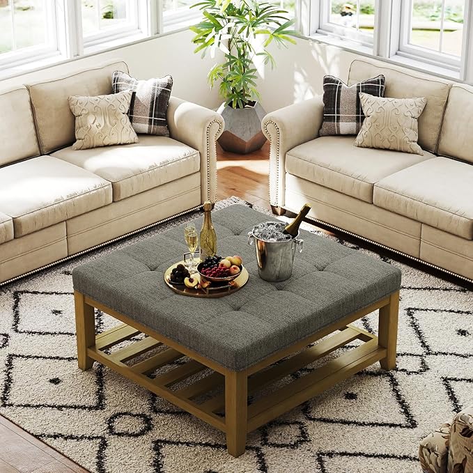 Large Square Ottoman Coffee Table, Linen Solid Upholstered Footrest Ottoman with Solid Wood Shelf Storage Tufted Coffee Table for Bedroom Living Room, Granite-Ruum Studio Home