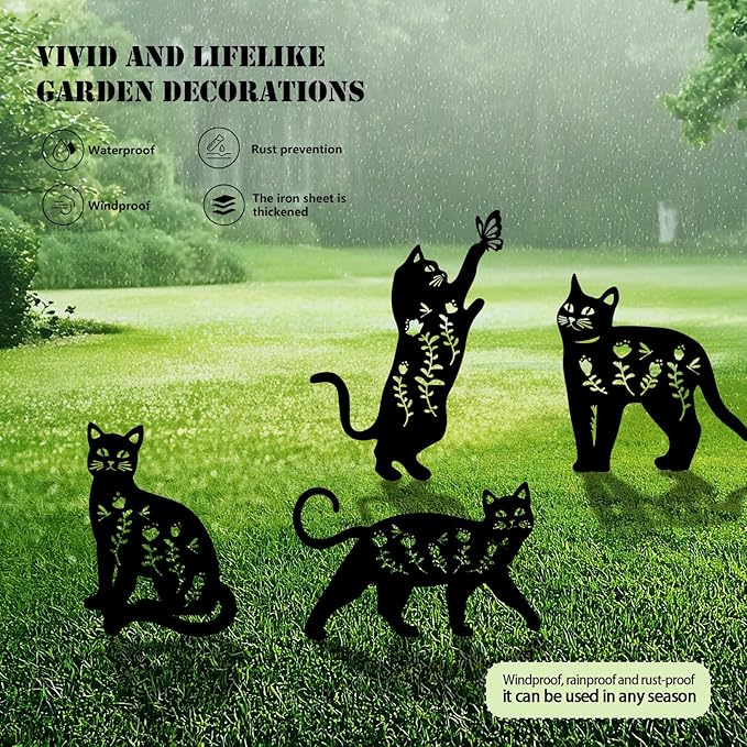 4 Pack Cat Metal Garden Decorative Stakes, Weather Proof Silhouette Statues for Yard, Patio,Outdoor Decor for Cat Lovers and Pet Owners-Ruum Studio Home