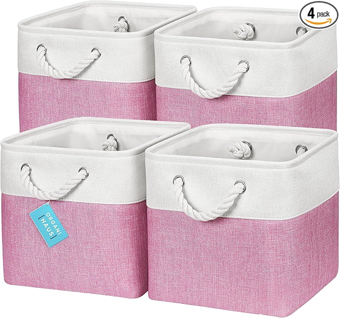 OrganiHaus 11x11 Cube Storage Bins 4 Pack, Foldable Cube Storage Organizer w/ Rope Handles, Collapsible Fabric Bins for Toys, Clothes & Closet Organization, Fabric Square Baskets - Pink/White-Ruum Studio Home