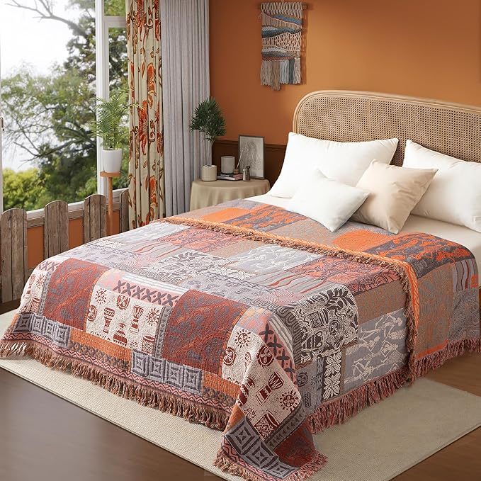 Boho Throw Blanket Full Size, Extra Large Soft Cozy Cotton Muslin Quilt Blanket for Bed Decor, Patchwork Block Couch Sofa Chair Cover, Vintage Farmhouse Cottage Woven Blanket, Red&Orange-Ruum Studio Home