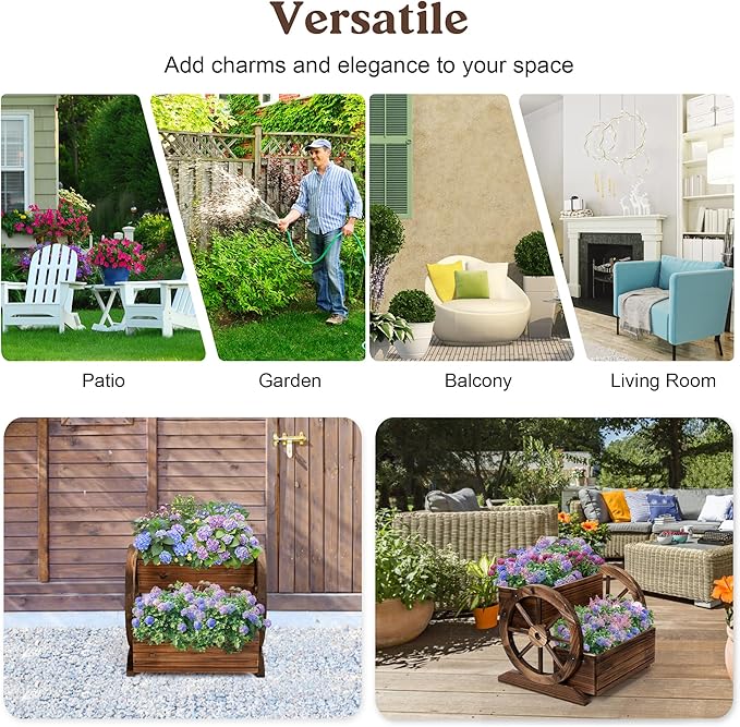 Wooden Wagon Planter Box, Garden Planter with Wheels,Decorative Planter for Flowers Herbs Vegetables for Indoor & Outdoor Décor, Flower Cart for Patio Garden Balcony-Ruum Studio Home