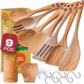 Riveira 9 Pieces Teak Wooden Spoons For Cooking – Premium & Durable Organic Teak Wooden Cooking Utensils – Non Stick Wooden Spatula For Cooking – Non Toxic Utensil Set With Holder & Spoon Rest-Ruum Studio Home