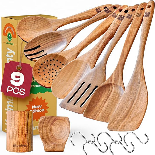 Riveira 9 Pieces Teak Wooden Spoons For Cooking – Premium & Durable Organic Teak Wooden Cooking Utensils – Non Stick Wooden Spatula For Cooking – Non Toxic Utensil Set With Holder & Spoon Rest-Ruum Studio Home