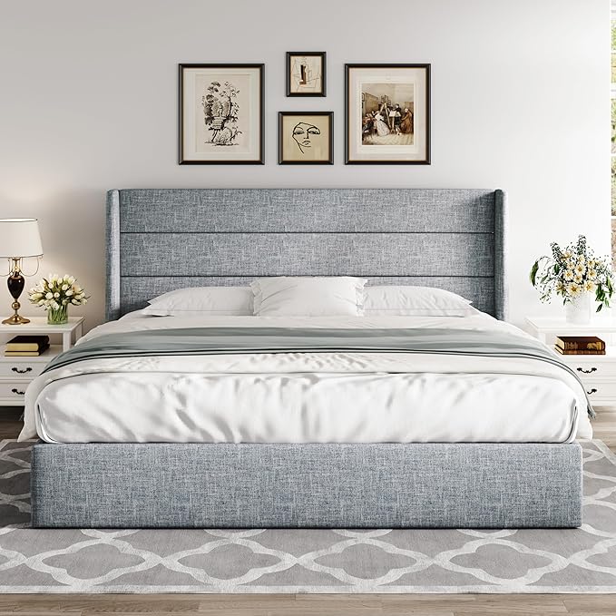 Allewie King Size Lift Up Storage Bed, Modern Wingback Headboard, Hydraulic Support, No Box Spring Needed, Grey Blue-Ruum Studio Home