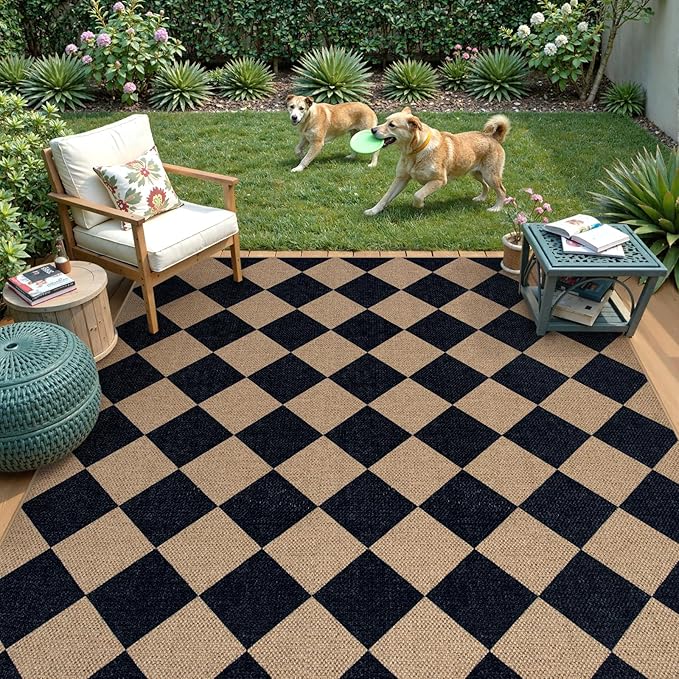 Lahome Checkered Easy Jute Outdoor Rug, 5x7 Area Rugs for Living Room Nature Large Dining Room Carpet, Farmhouse Outdoor Patio Non Slip Diamond Carpet for Home Office Bedroom Backyard Deck-Ruum Studio Home