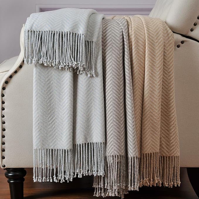 CUDDLE DREAMS Silk Throw Blanket with Hand-Knotted Fringe, Natural, Soft & Breathable (Herringbone Blue)-Ruum Studio Home