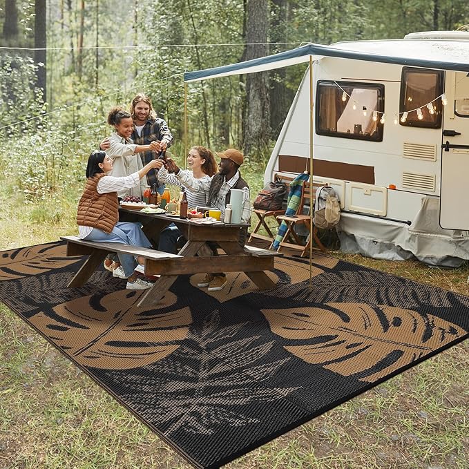 GAOMON Outdoor Rug Waterproof 9x12 Outdoor Plastic Straw Rug for Patio, Reversible Modern Camping Mat with Bag & Stakes, UV Resistant & Easy to Clean Carpet for RV, Deck, Balcony, Porch, Brown-Ruum Studio Home
