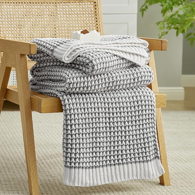 Amélie Home Chenille Waffle Throw Blanket for Couch, Reversible Pineapple Stitch Knit Soft Cozy Knit Blanket Lightweight Warm Decorative Throw for Sofa, Bed, Living Room, 50"x60", Grey&Ivory-Ruum Studio Home