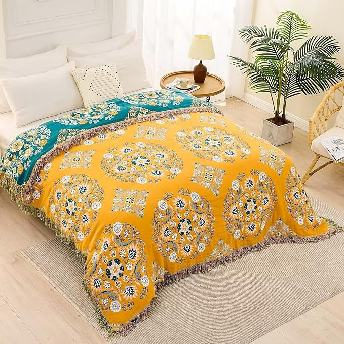 Boho Throw Blanket, 100% Cotton Ultra Soft Luxury Throw Rustic Quilt, Floral Printed Farmhouse Decor Bed Summer Blankets, All Season Rustic Reversible Bohemian Throw for Bed (80"x90" Yellow-Ruum Studio Home