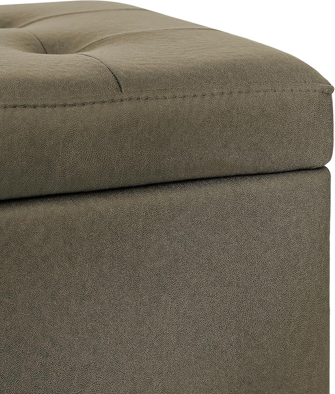 Adeco Fabric Storage Ottoman Bench with Solid Wood Legs, 17.7" Square Olive Green Leathaire Cube Foot Stool, Upholstered Button Tufted Vanity Chair with Hinged Lid for Living Room, Bedroom, Dorm-Ruum Studio Home