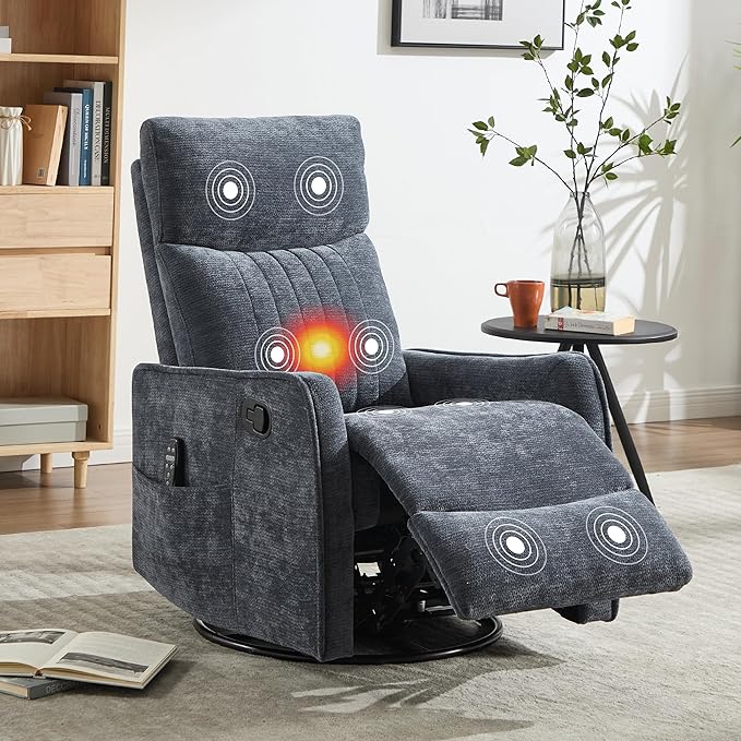 Manual Swivel Rocker Recliner Chair for Adults, Overstuffed Reclining Glider Chair for Nursing with Vibration Massage & Heat, Living Room Rocking Recliner 2-Stage backrest, Chenille Fabric Blue-Ruum Studio Home