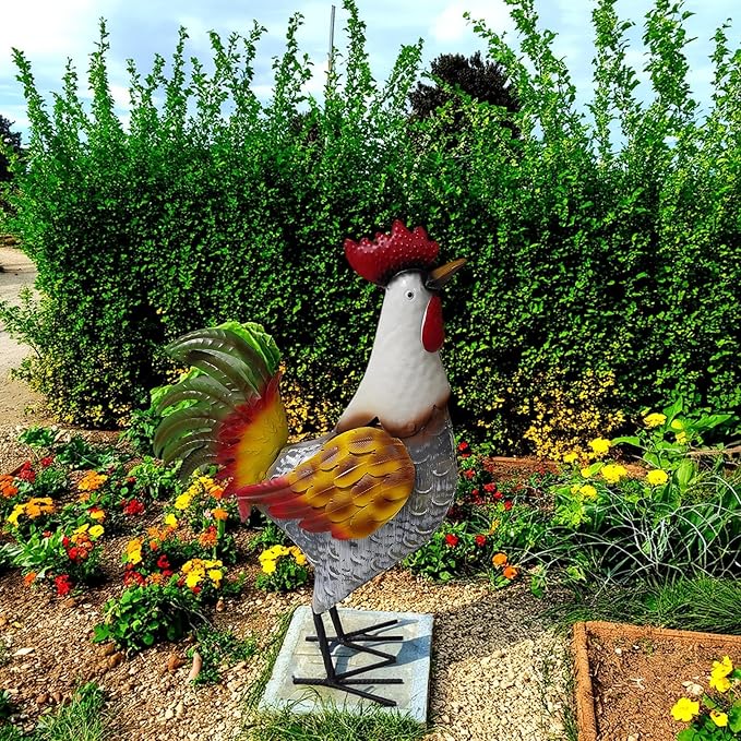 Metal Rooster Statue, Garden Outdoor Decor, Red and Gold Feathers, Weather Resistant, Metal Chicken Yard Art Sculpture, Iron Garden Animal Statue-Ruum Studio Home