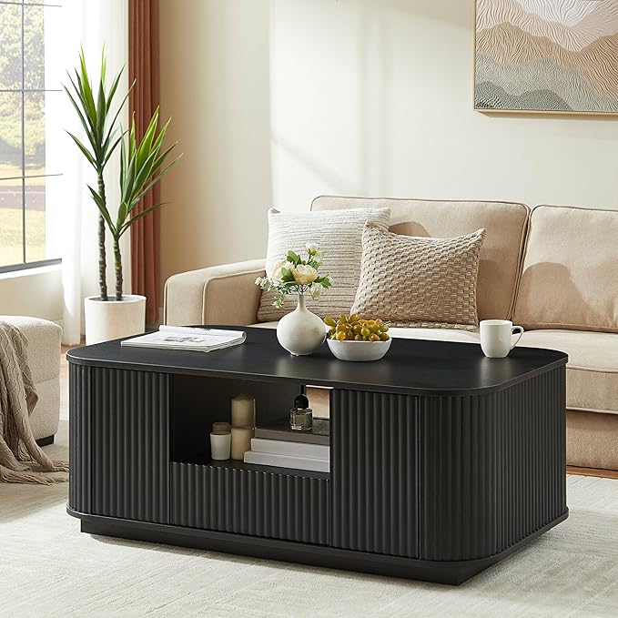 46.5" Oval Coffee Table with Drawers and Storage Mid Century Modern Fluted Solid Wood Side Coffee Tables, Luxury Tea Table Center Table for Living Rooms Offices Apartmen, Black-Ruum Studio Home