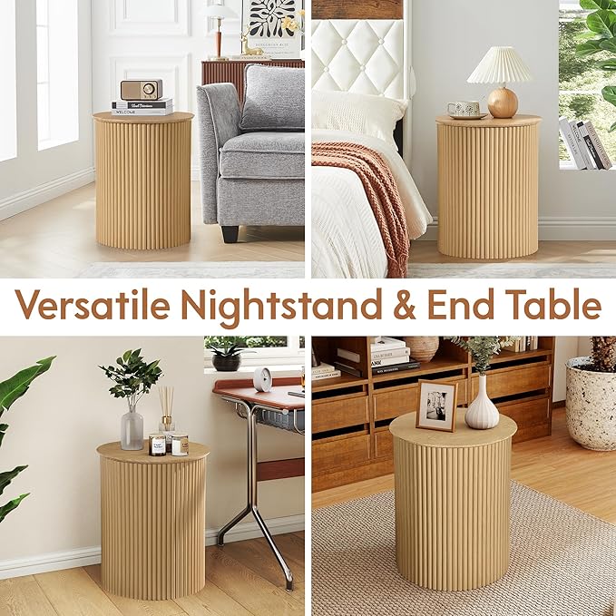 AVZEAR Fluted Round Side Table, Small End Table Modern Boho Nightstands, Circle Bedside Tables Bohemian Accent Table Wood Night Stand for Small Spaces, Living Room, Bedroom(Natural)-Ruum Studio Home