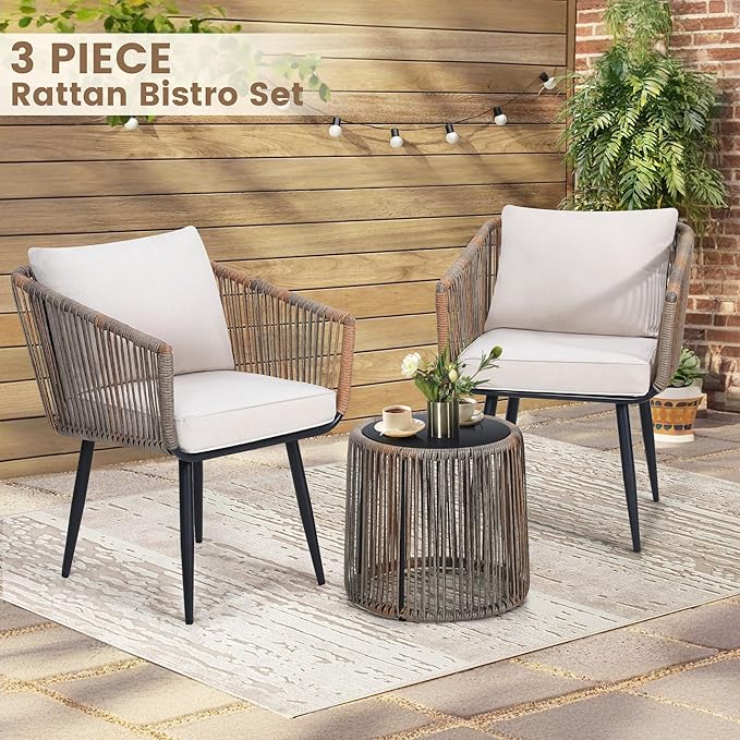 Kromax 3 Pieces Patio Rattan Bistro Conversation Set, Outdoor All-Weather Wicker Furniture Chairs and Side Table Set Ideal for Balcony, Porch and Backyard, Beige-Ruum Studio Home