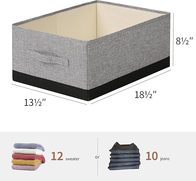 Linen Folding Storage Bins, 3 Pack Large Storage Baskets, Washable, Clothing Storage Bins with Handle, Closet Organizer for Storage Sweater,Sheets (gray black, 18½"x13½"x8½")-Ruum Studio Home