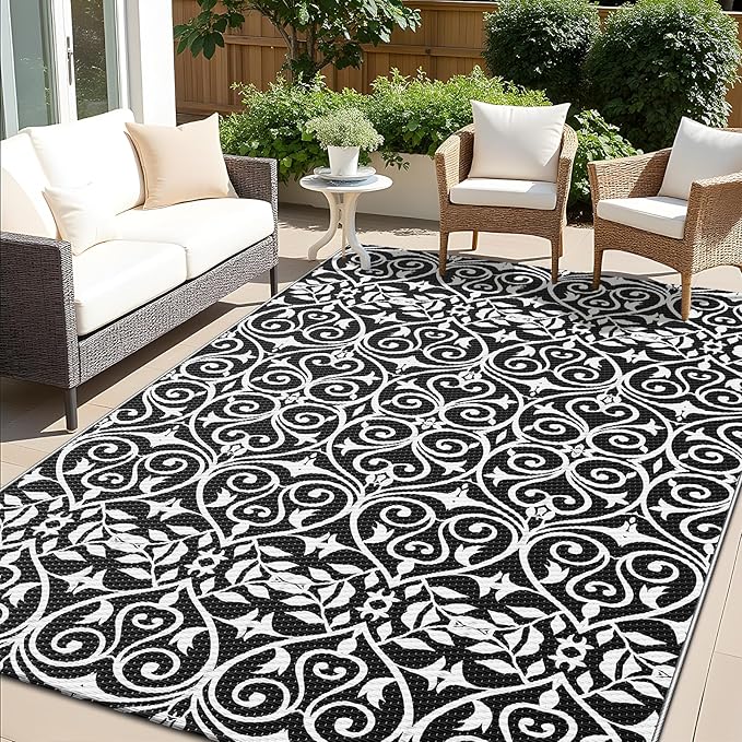 OLANLY Outdoor Rug Waterproof 5x8 ft Clearance, Reversible Outdoor Plastic Straw Rug with Floral Pattern, RV Mat for Patio, Camping, Balcony, Deck, Backyard, Black & White-Ruum Studio Home