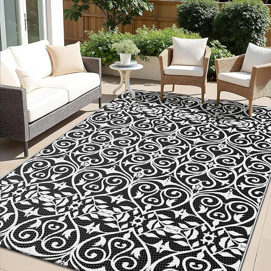 OLANLY Outdoor Rug Waterproof 5x8 ft Clearance, Reversible Outdoor Plastic Straw Rug with Floral Pattern, RV Mat for Patio, Camping, Balcony, Deck, Backyard, Black & White-Ruum Studio Home