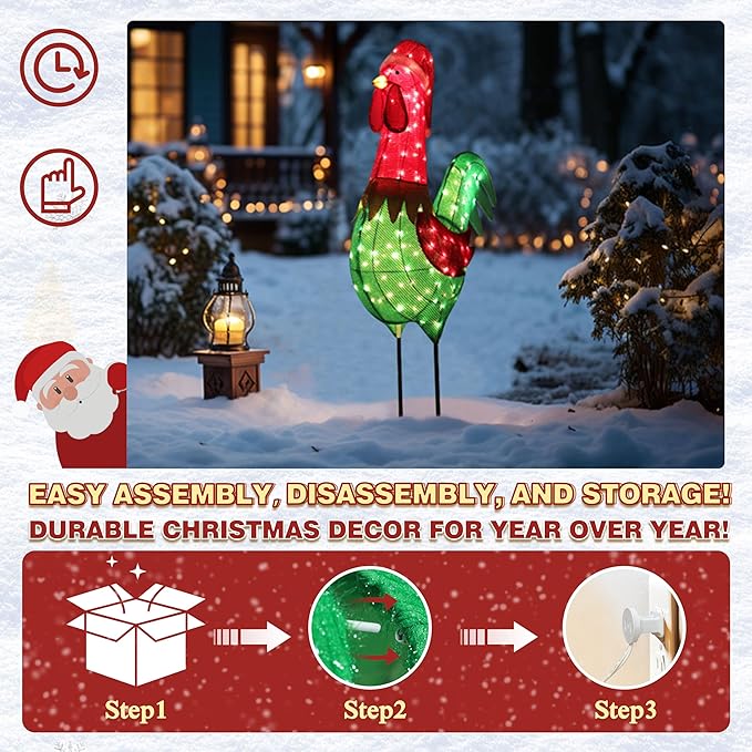 6FT Lighted Rooster with Christmas Hat for Outdoor Christmas Decorations, 3D Pre-Lit Iridescent Rooster Xmas Decor, Glittered Standing Holiday Display Rooster for Outdoor, Indoor-Ruum Studio Home