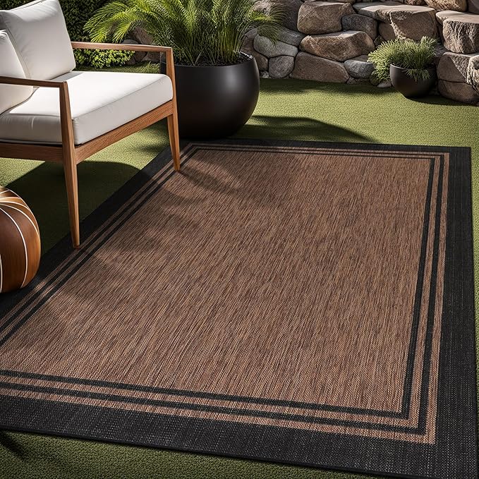 Bordered Outdoor Rug 6x9 Washable Outside Carpet for Indoor Patio Porch Waterproof Easy Cleaning Non Shedding Area Rugs Nut Brown 6 x 9-Ruum Studio Home
