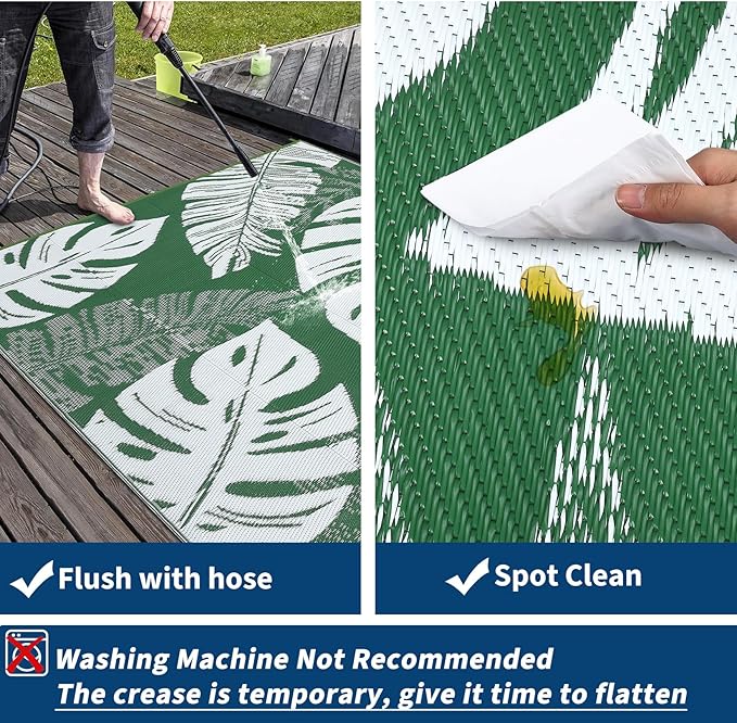 GAOMON Outdoor Rug 8x10 Patio Waterproof Reversible Plastic Straw Rug Modern Foldable Lightweight RV Camping Mat with Portable Bag & 4 Stakes, UV Resistant & Sturdy for Picnic Deck Balcony, Green-Ruum Studio Home