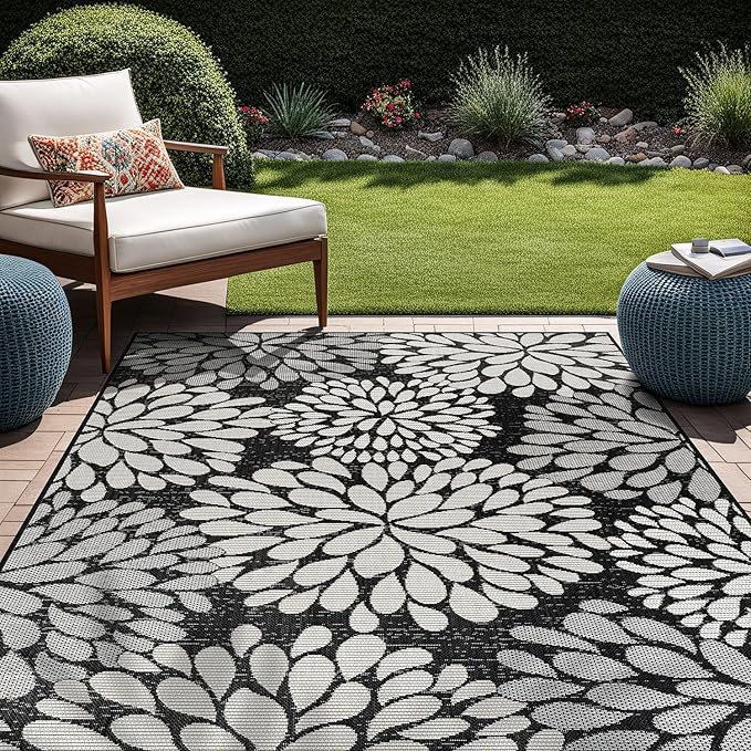 Beverly Rug Outdoor Rug 6x9 Modern Exotic Tropical Leaf Area Rugs for Indoor and Outdoor Patio Deck Porch Garden Water Resistant Washable Outside Carpet (6 x 9 Dark Gray)-Ruum Studio Home