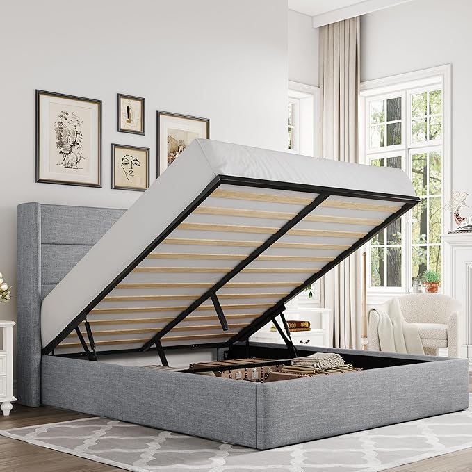 Allewie Full Size Lift Up Storage Bed, Modern Wingback Headboard, Hydraulic Support, No Box Spring Needed, Light Grey-Ruum Studio Home