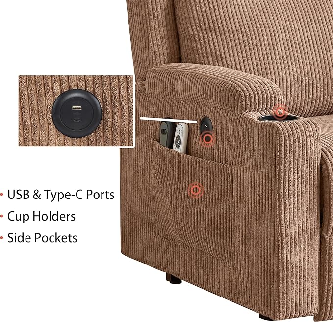 Lift Recliner Chair for Adults with Massage and Heating, Power Lift Recliner Chairs for Elderly, Corduroy Fabric Reclining Chair with USB &Type-C Port, Cup Holders, L6111 (Brown)-Ruum Studio Home