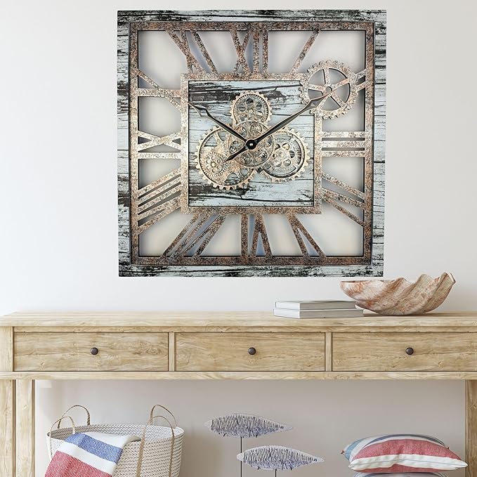 The Gears Clock 24'' Inch Square Real Moving Gear Wall Clock Vintage Industrial Oversized Rustic Farmhouse (Grey and White)-Ruum Studio Home