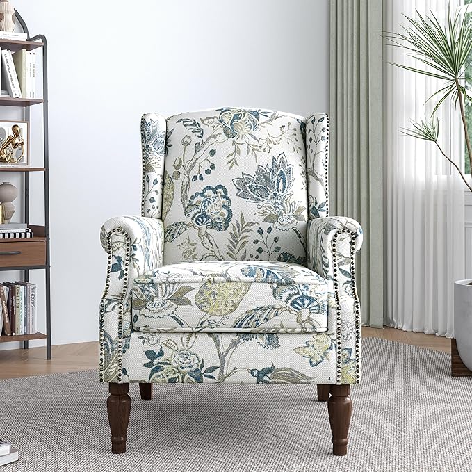 Lumibee High Back Accent Chair Set of 2, Armchair in Fabric,Comfy Upholstered Wingback Single Sofa Reading Chairs with Solid Wood Legs for Living Room,Bedroom,Office-Plants Blue-Ruum Studio Home