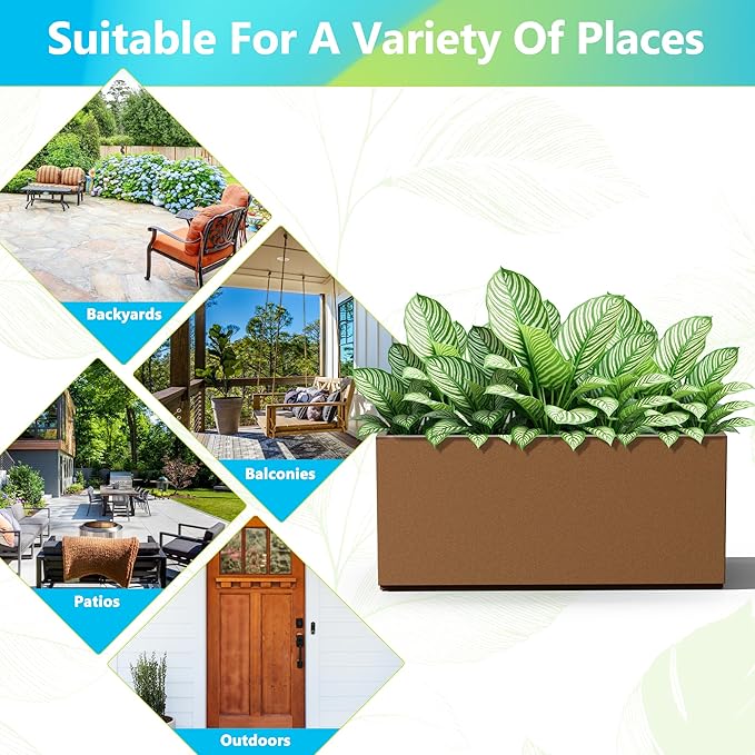 FENCY Large Metal Planter, Large Rectangular Planters for Outdoor Plants, Tall Outdoor Planters for Porch Patio, 38" L x 15" W x 16.3" H Brown Metal Planter with Drainage Hole-Ruum Studio Home