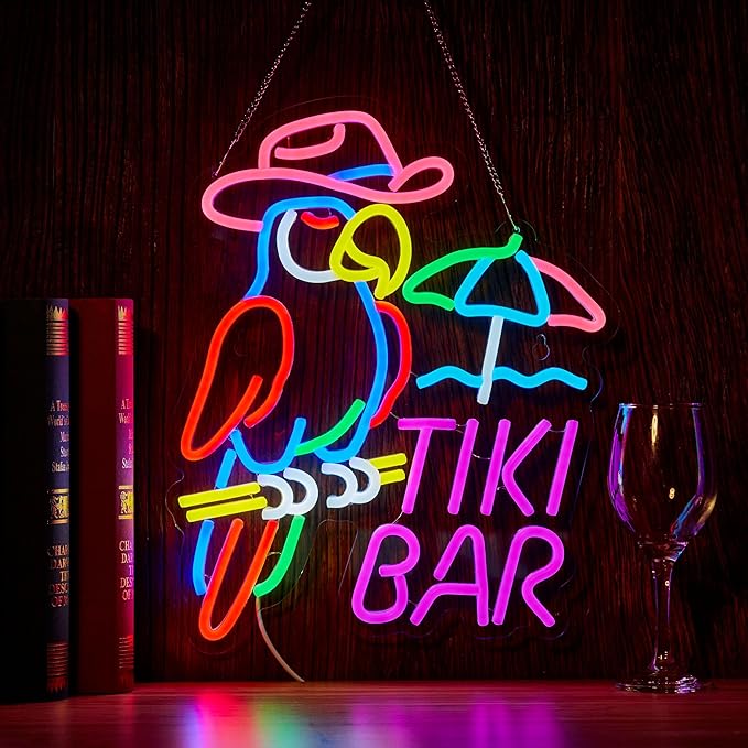 Tiki Bar Parrot Neon Sign for Wall Decor Hawaii Beach Bar LED Light up Signs with Dimmer for Pub Party Man Cave Room Art Decor Gift-Ruum Studio Home