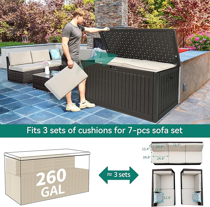 YITAHOME 260 Gallon Extra Large Deck Box, Double-Wall Resin Outdoor Storage Box with Flexible Divider for Patio Cushions Garden Tools, 1000lbs Load Capacity, Lockable & Waterproof (Light Brown)-Ruum Studio Home