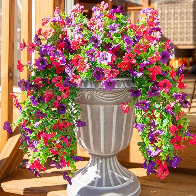 Artificial Faux Hanging Flowers Plants for Spring Outdoor Outside Decoration, 2 PCS Fake Silk Daisy with Eucalyptus UV Resistant Realistic Trailing Vines for Balcony Patio Porch (Darkpurple+Hotpink)-Ruum Studio Home