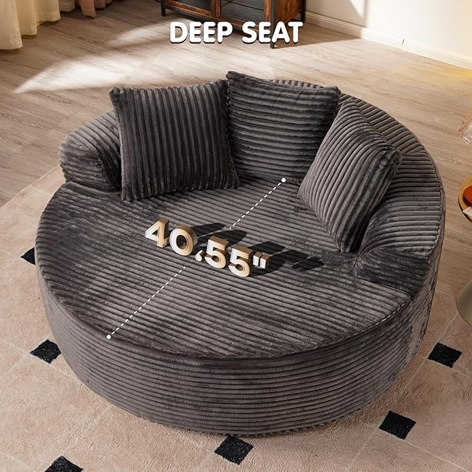 ovios 58" Oversized Round Chair Lounge Chaise Indoor, No Assembly Required, Cloud Large Circle Chair with Plush Fuax Fur, Fluffy Modern Sleeper Sofa Bed for Reading Yoga, Grey (Plush Corduroy Fabric)-Ruum Studio Home