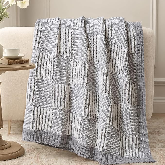 Amélie Home Chenille Knit Throw Blanket for Couch, Checkered Texture Decorative Soft Blanket for Sofa, Bed & Living Room, 50"x60", Grey & White-Ruum Studio Home