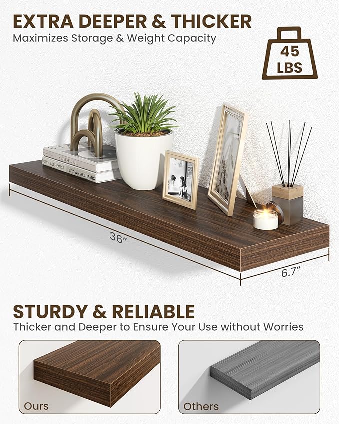 Marsmiles 36" Floating Shelves for Wall, Wooden Shelves with Invisible Brackets Set of 2, Rustic Farmhouse Wall Mounted Shelf for Kitchen Bathroom Living Room Study, Walnut-Ruum Studio Home