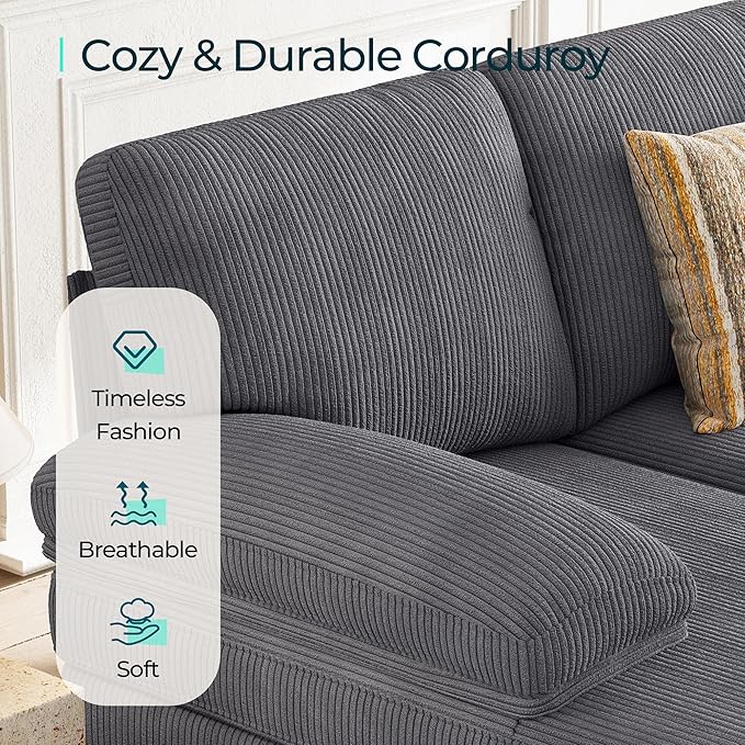 LINSY HOME Sectional Couch, 111'' W Corduroy U Shaped Sofa with Sleepable Armrests, 4 Seat Couch with Double Chaises, Deep Sofa for Living Room, Grey-Ruum Studio Home