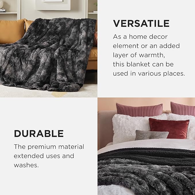 Bedsure GentleSoft Fluffy Tie Dye Black Blankets Queen Size for Bed, Thick Sherpa Faux Fur Fleece Fuzzy Plush Winter Warm Soft Queen Blankets, Black Bedroom Decor Cozy Gifts for Women Men, 90x90-Ruum Studio Home