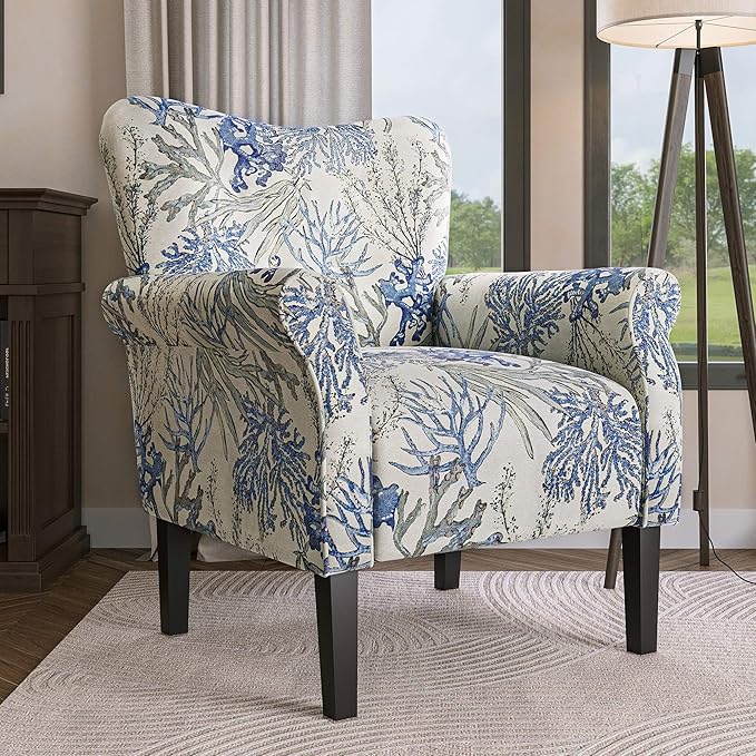 BELLEZE Modern Accent Chair for Living Room, High Back Linen Armchair with Wooden Legs, Upholstered Wingback Side Chair Padded Armrest Single Sofa for Living Room, Bedroom - Allston (Blue Coral)-Ruum Studio Home
