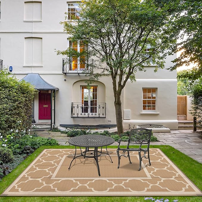 GENIMO 6' x 9' Outdoor Rug Waterproof for Patio Decor, Foldable Reversible Plastic Straw Area Rugs Mat for Camper, Outside Carpet for Rv, Deck, Porch, Picnic, Beach, Balcony, Brown & Beige-Ruum Studio Home