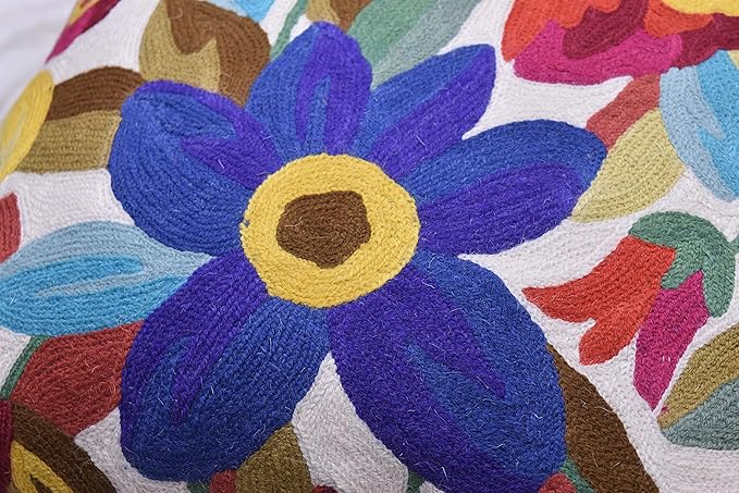 Cream Floral Pillow Cover Blue Flower Pillowcase Boho Cushion Florals Accent Throw Pillowsham Wool Hand Embroidered Size 18x18-Ruum Studio Home