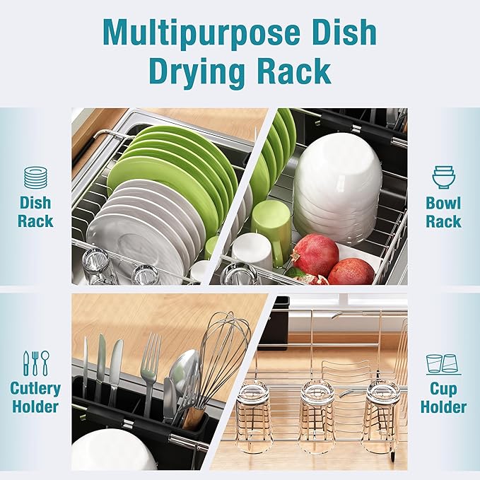 Dish Drying Rack in Sink, Expandable Stainless Steel Dish Drainers for Kitchen Counter, Dish Dryer Rack for Inside Sink, Over The Sink Dish Racks with Utensil Holder, Silver-Ruum Studio Home