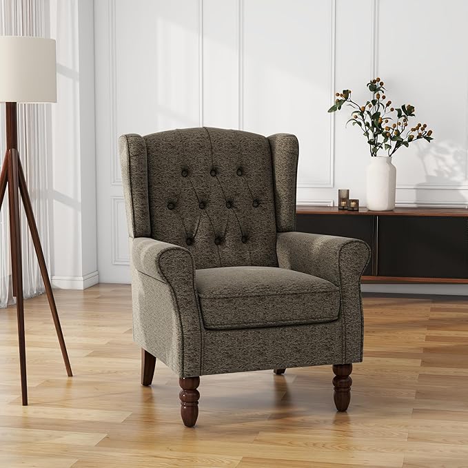 UIXE High Back Accent Chairs Set of 2, Upholstered Armchair in Fabric, Retro Wingback Arm Chair for Living Room, Comfy Single Sofa Bedroom Reading Seat with Solid Wood Legs - Taupe-Ruum Studio Home