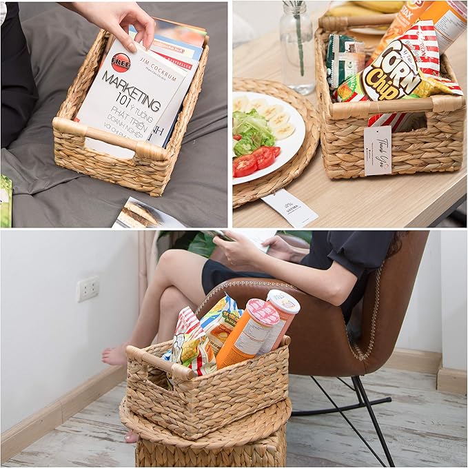 VATIMA Hyacinth Small Wicker Basket 11.6x8.1x4.9" - Bathroom Organizer, Wooden Handle, Decorative Storage-Ruum Studio Home