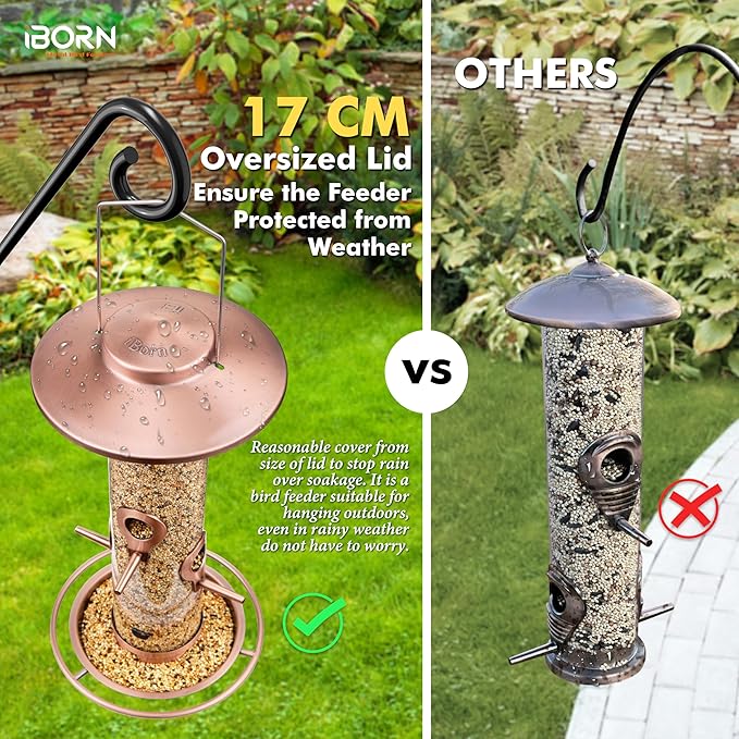 iBorn Bird Feeders for Outdoors, 2LB Metal Bird Feeders 17cm Large Roof &Tray, 4 Feeding Ports, Brushed Copper Finishing-Ruum Studio Home